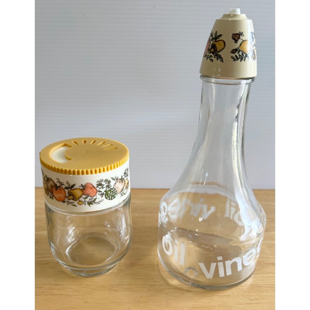Gemco Oil & Vinegar Jar SET VTG Glass Cruet & Spice Fruit&Vegetable Design‎ READ
